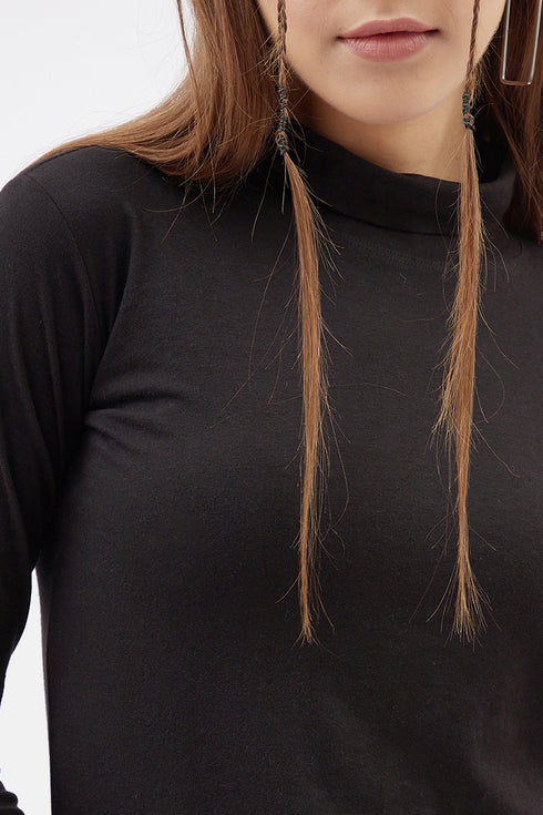 Women Black Highneck Full sleeves T-shirt